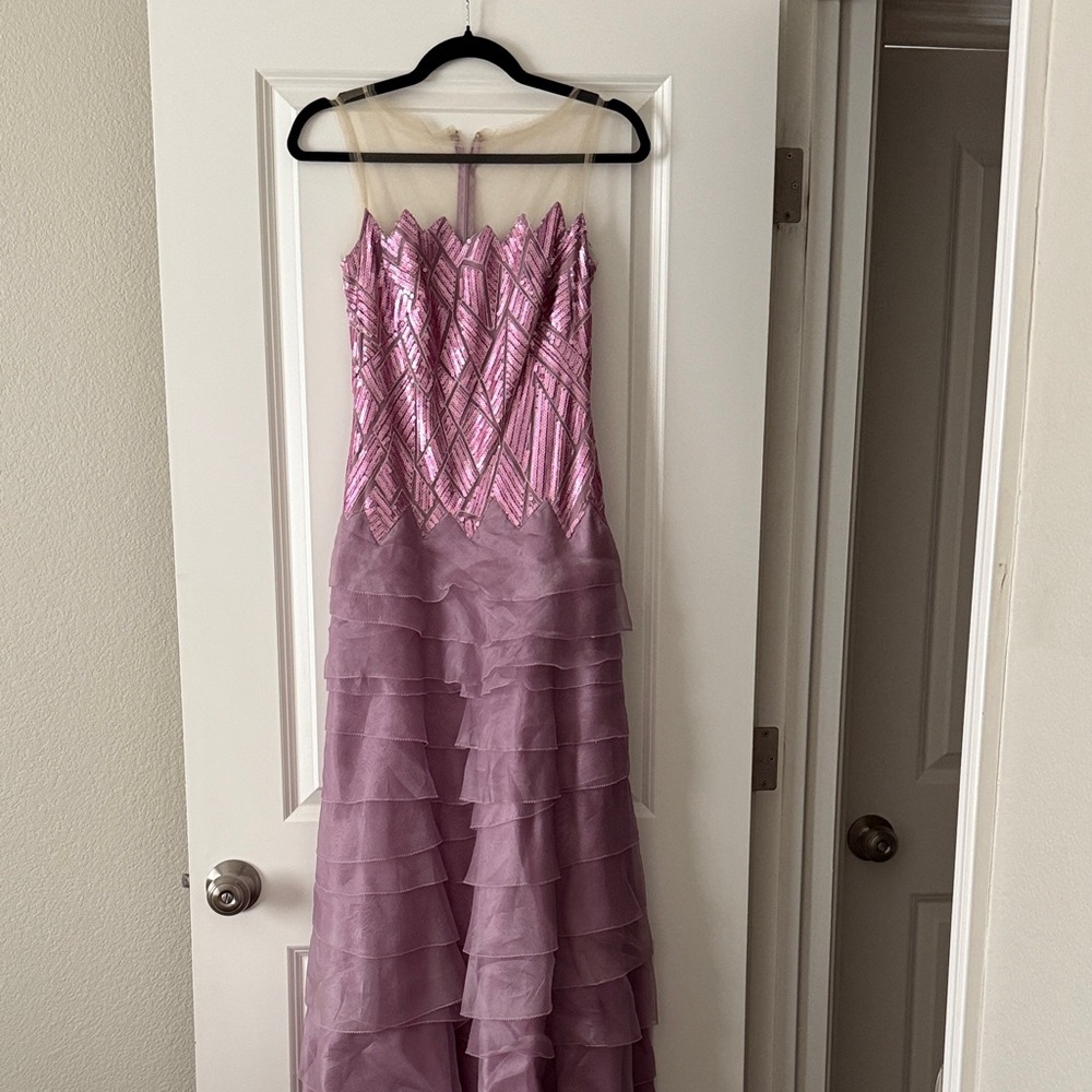 Tadashi Shoji Sequin Illusion Neck Pink and Purple Gown Floor Length